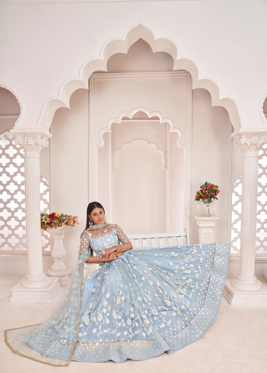 WOMEN'S SKY BLUE BUTTERFLY NET EMBROIDERED THREAD WORK FESTIVALS LEHENGA CHOLI