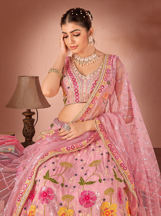 WOMEN'S PINK GEORGETTE PREMIUM SEQUANCE AND MULTI THREAD WORK OCCASION WEAR LEHENGA CHOLI