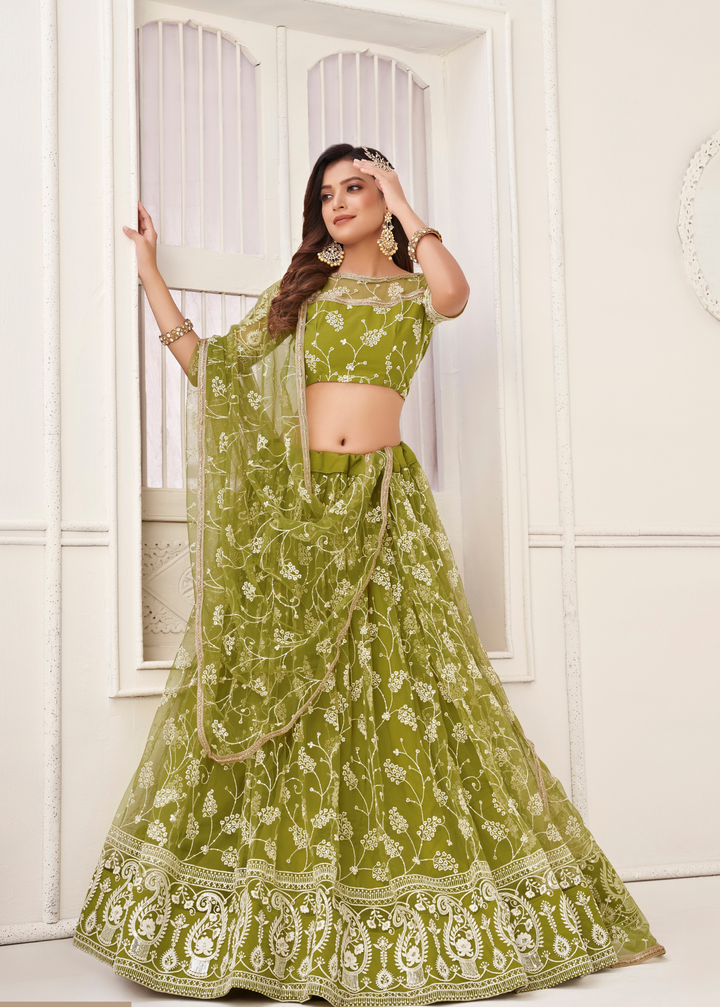 WOMEN'S OLIVE GREEN BUTTERFLY NET EMBROIDERED THREAD WORK PARTY WEAR LEHENGA CHOLI