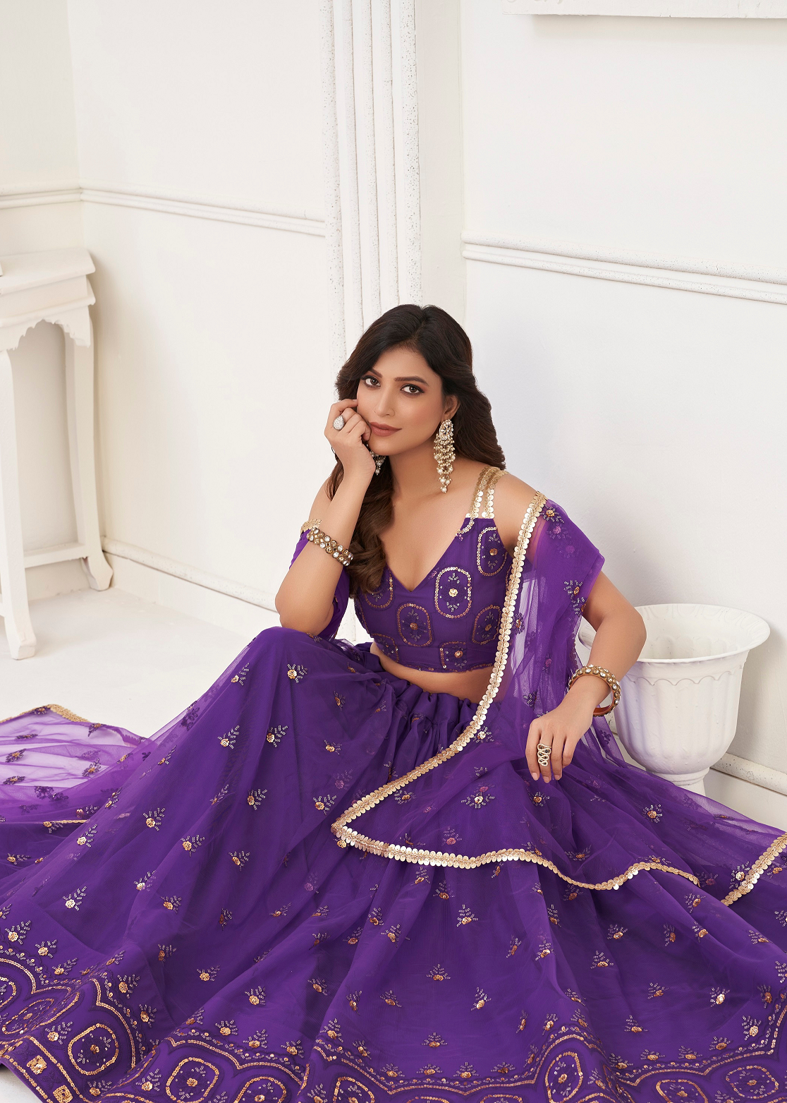 WOMEN'S WOMEN'S PURPLE BUTTERFLY NET EMBROIDERED THREAD WORK DESIGNER LEHENGA CHOLI