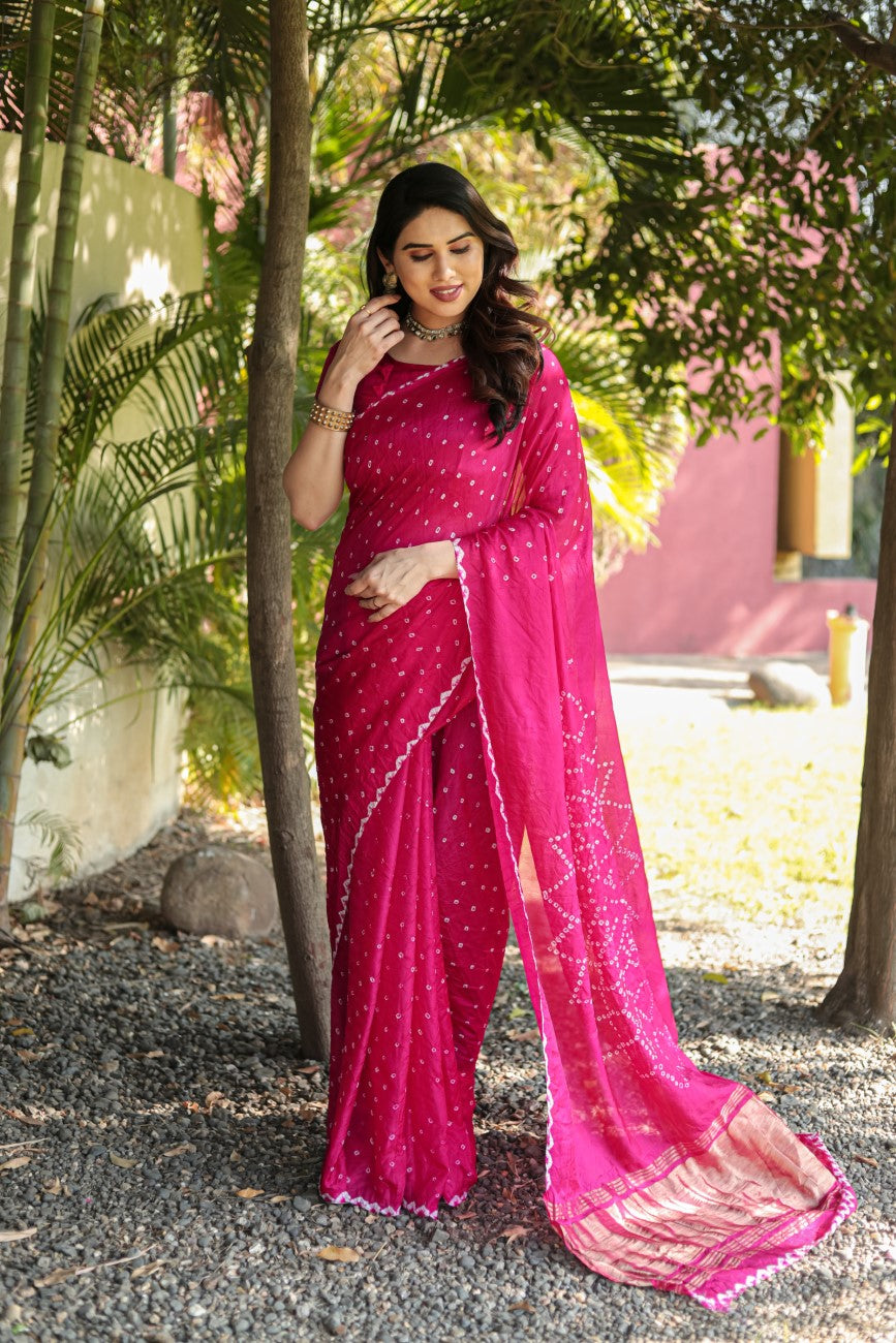 Indian Bandhej Silk Saree Wedding Party Clothing Trending Vsaree For Woman