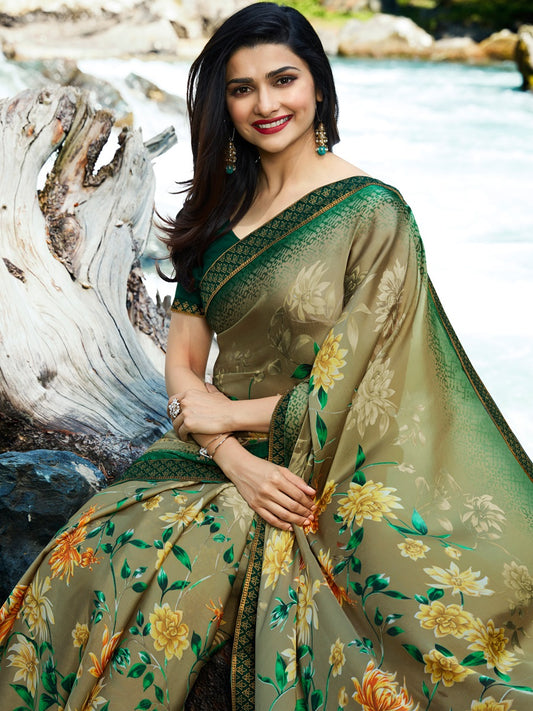 Vsaree Green Bright Moss Printed Work And Border Less Saree With Banglory Blouse Piece For Women