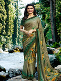 Vsaree Green Bright Moss Printed Work And Border Less Saree With Banglory Blouse Piece For Women