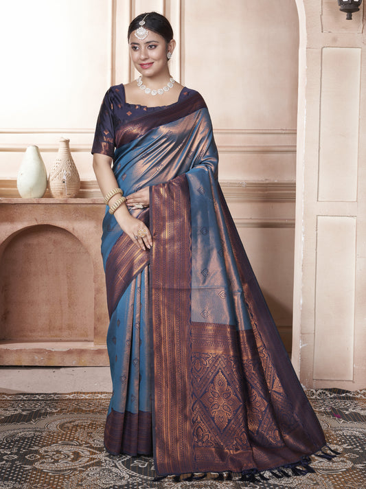 Vsaree Blue Kanchipuram Silk Saree With Designer Zari Weaving Border And Blouse