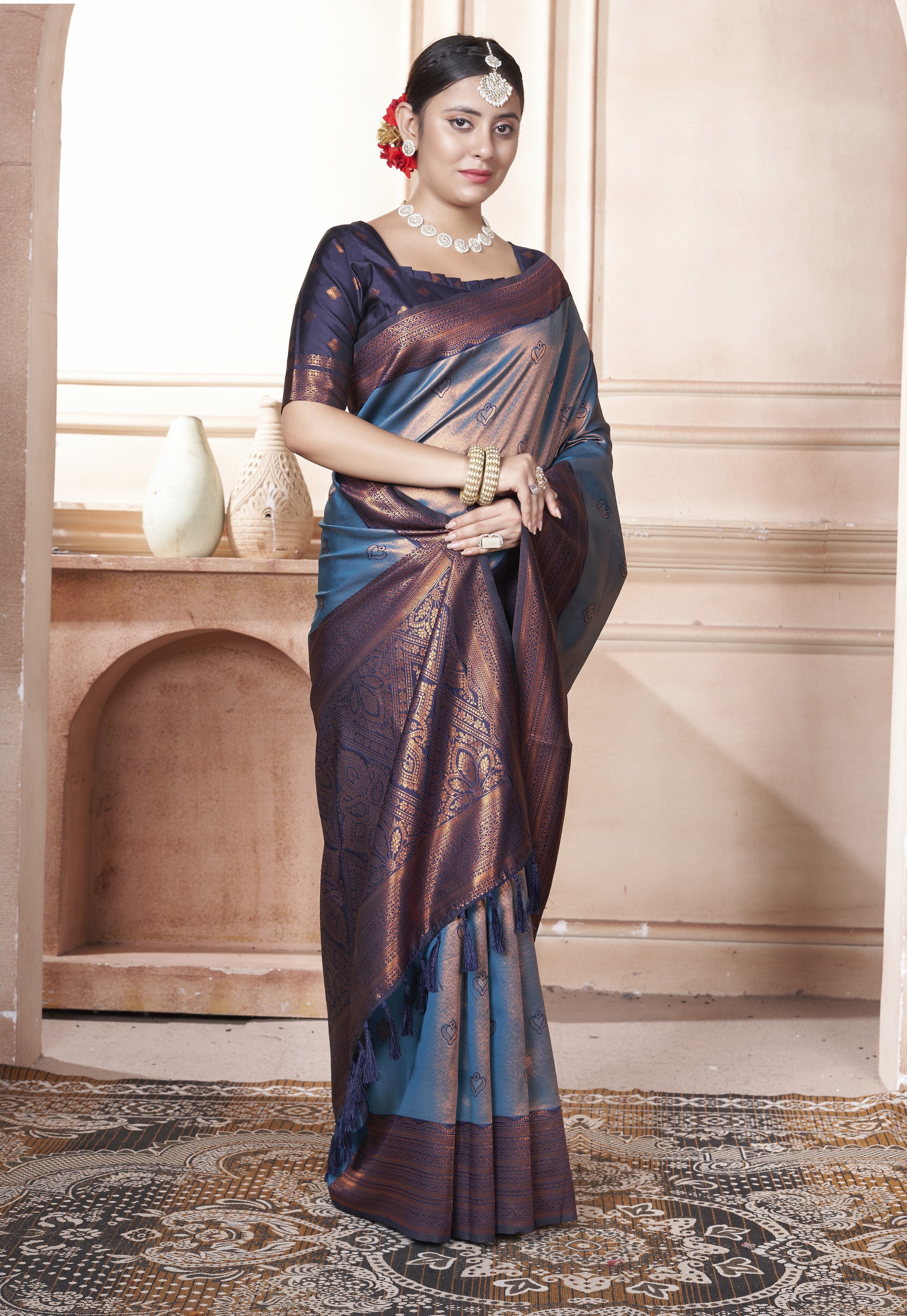 Vsaree Blue Kanchipuram Silk Saree With Designer Zari Weaving Border And Blouse