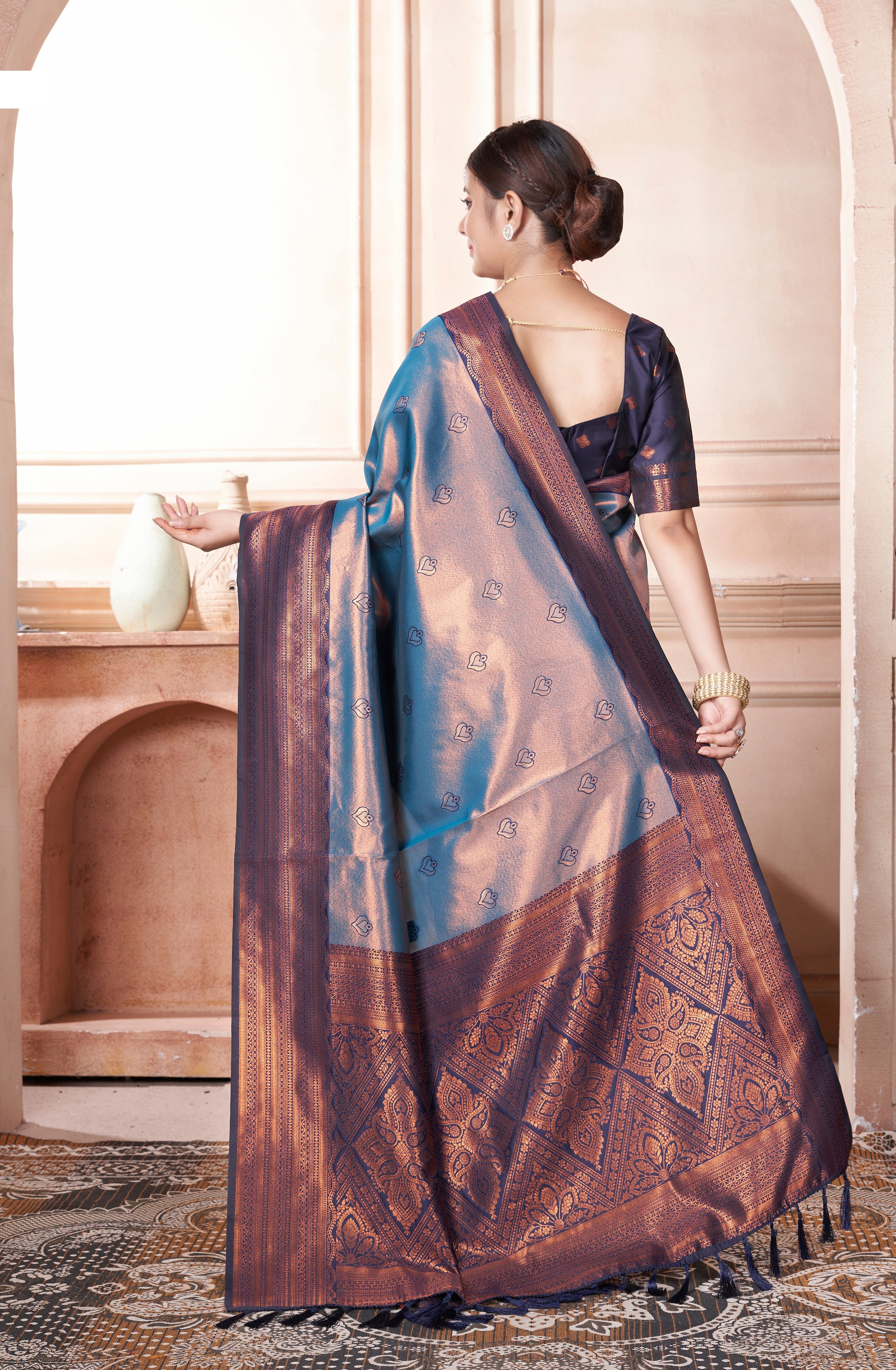 Vsaree Blue Kanchipuram Silk Saree With Designer Zari Weaving Border And Blouse