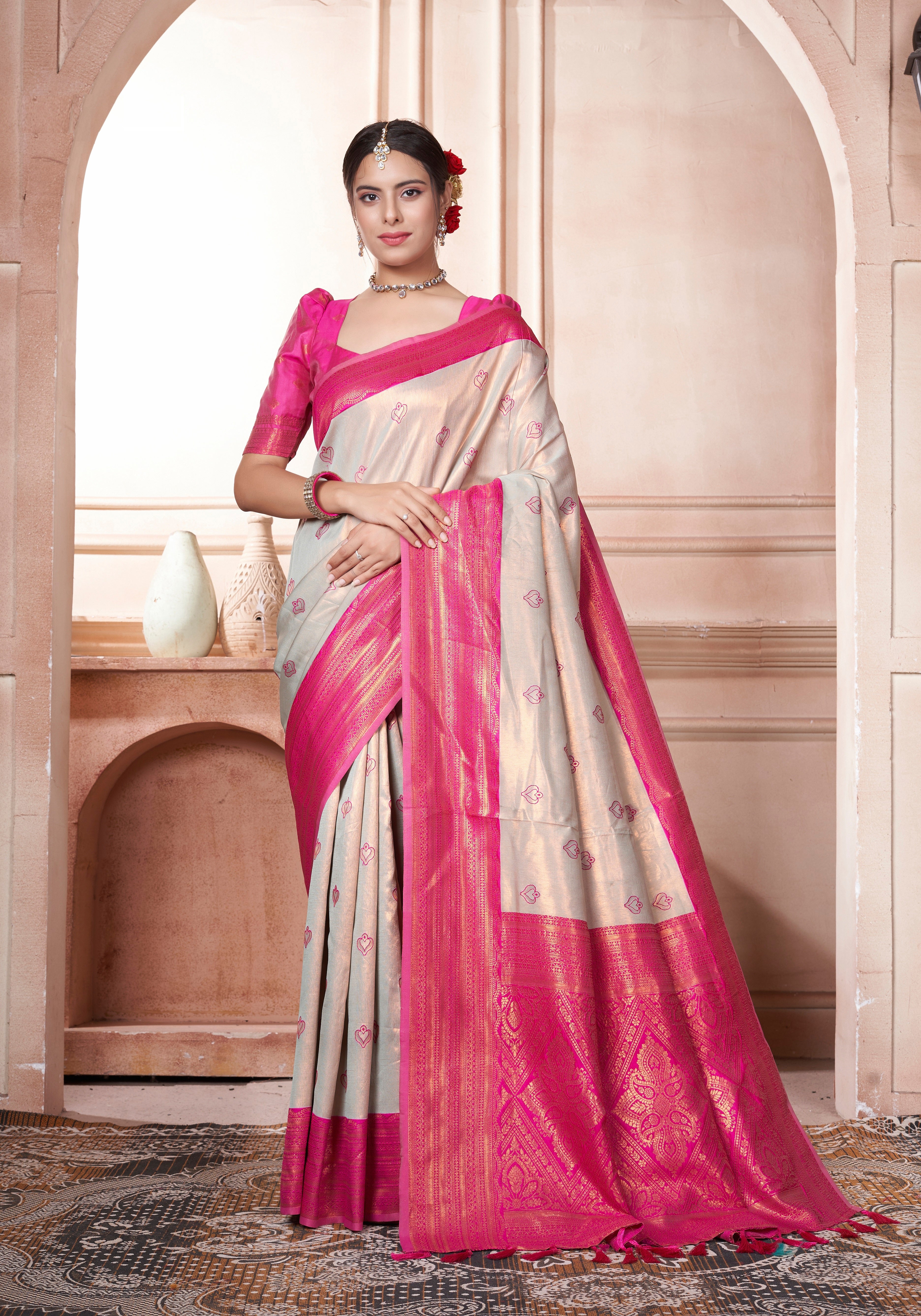 Vsaree Cream Kanchipuram Silk Saree With Designer Zari Weaving Border And Blouse