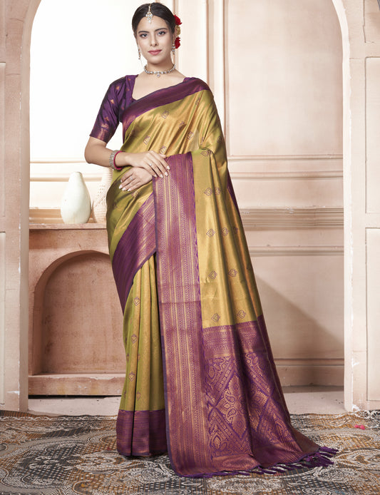 Vsaree Mustard Kanchipuram Silk Saree With Designer Zari Weaving Border And Blouse