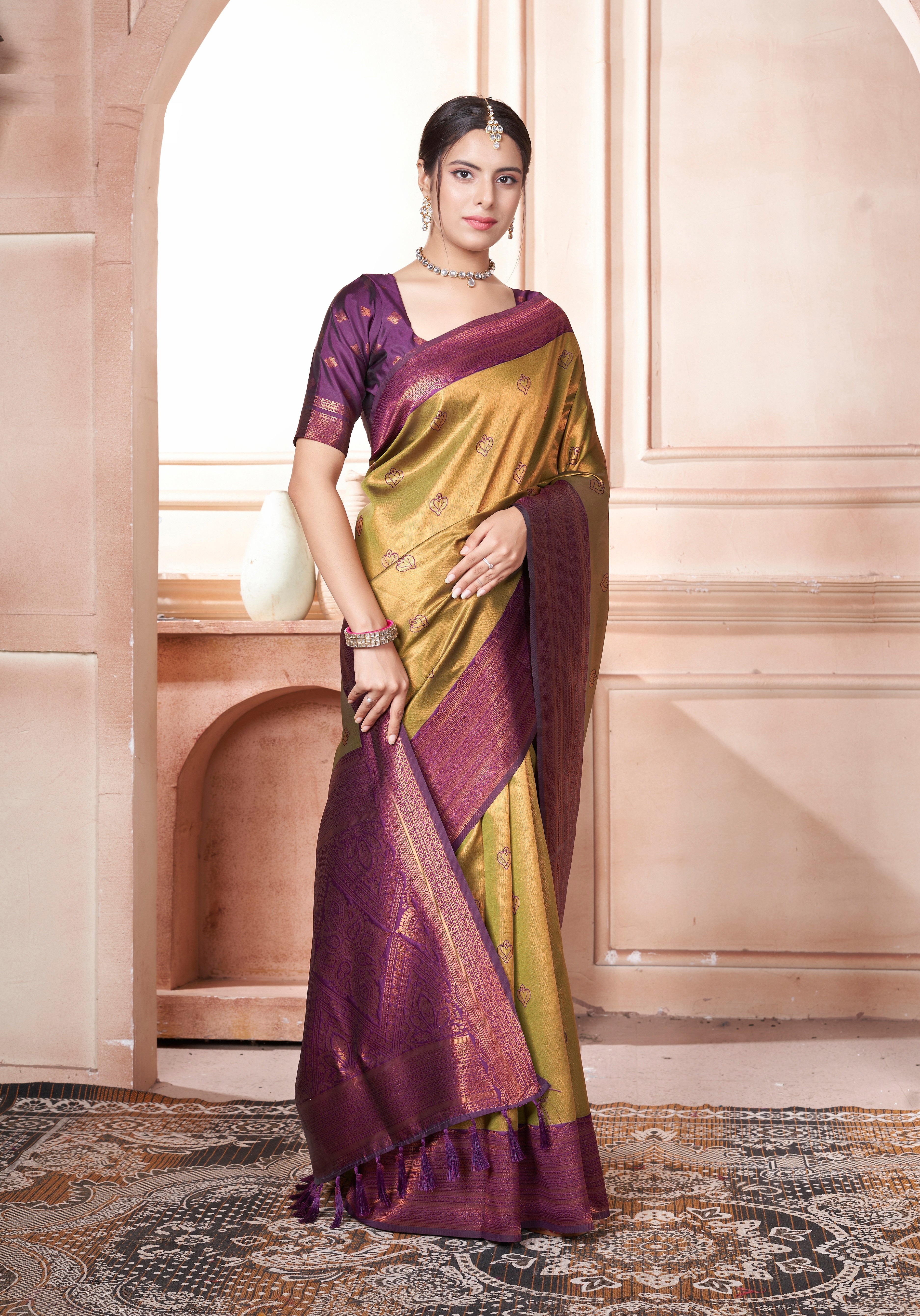 Vsaree Mustard Kanchipuram Silk Saree With Designer Zari Weaving Border And Blouse