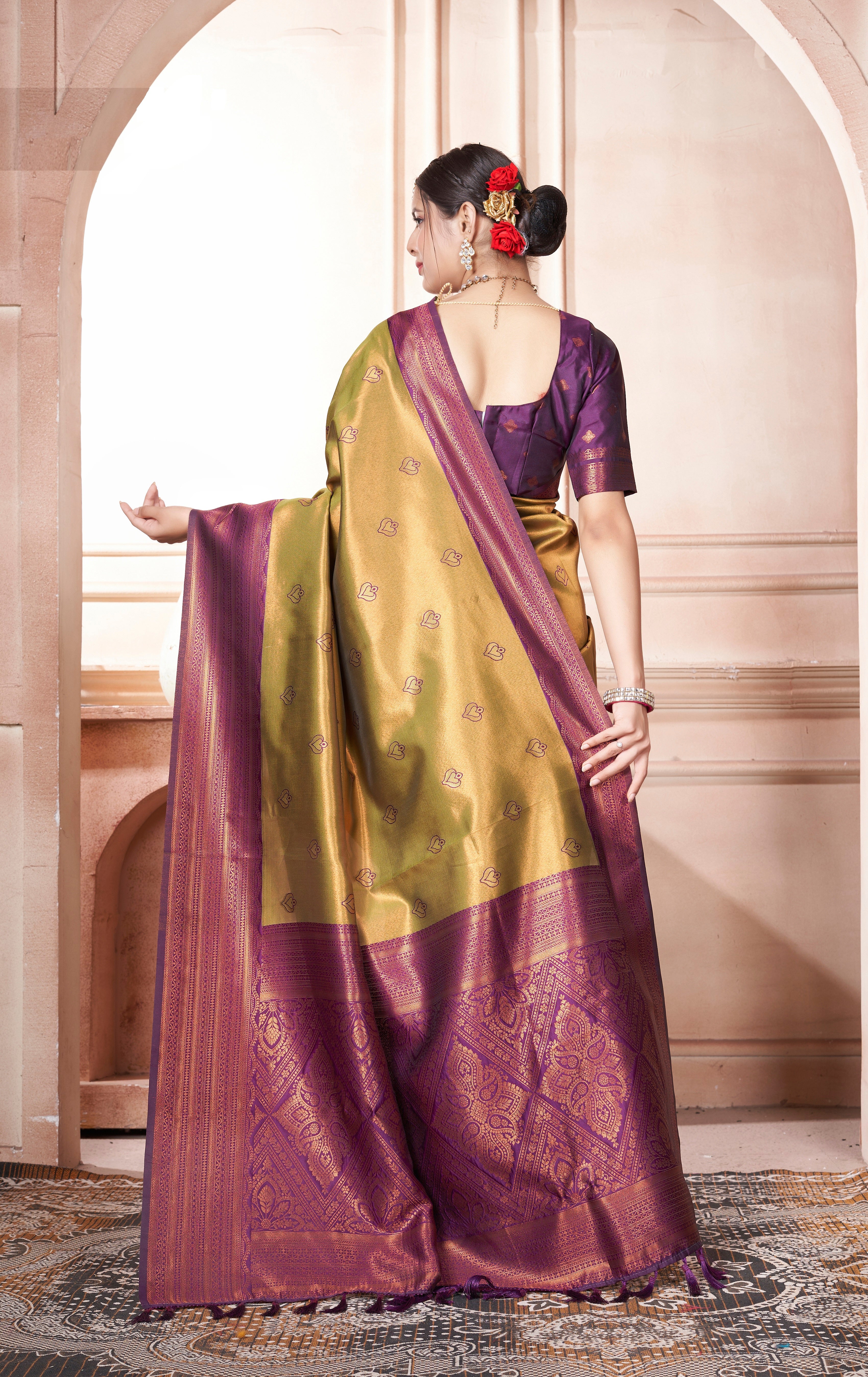 Vsaree Mustard Kanchipuram Silk Saree With Designer Zari Weaving Border And Blouse