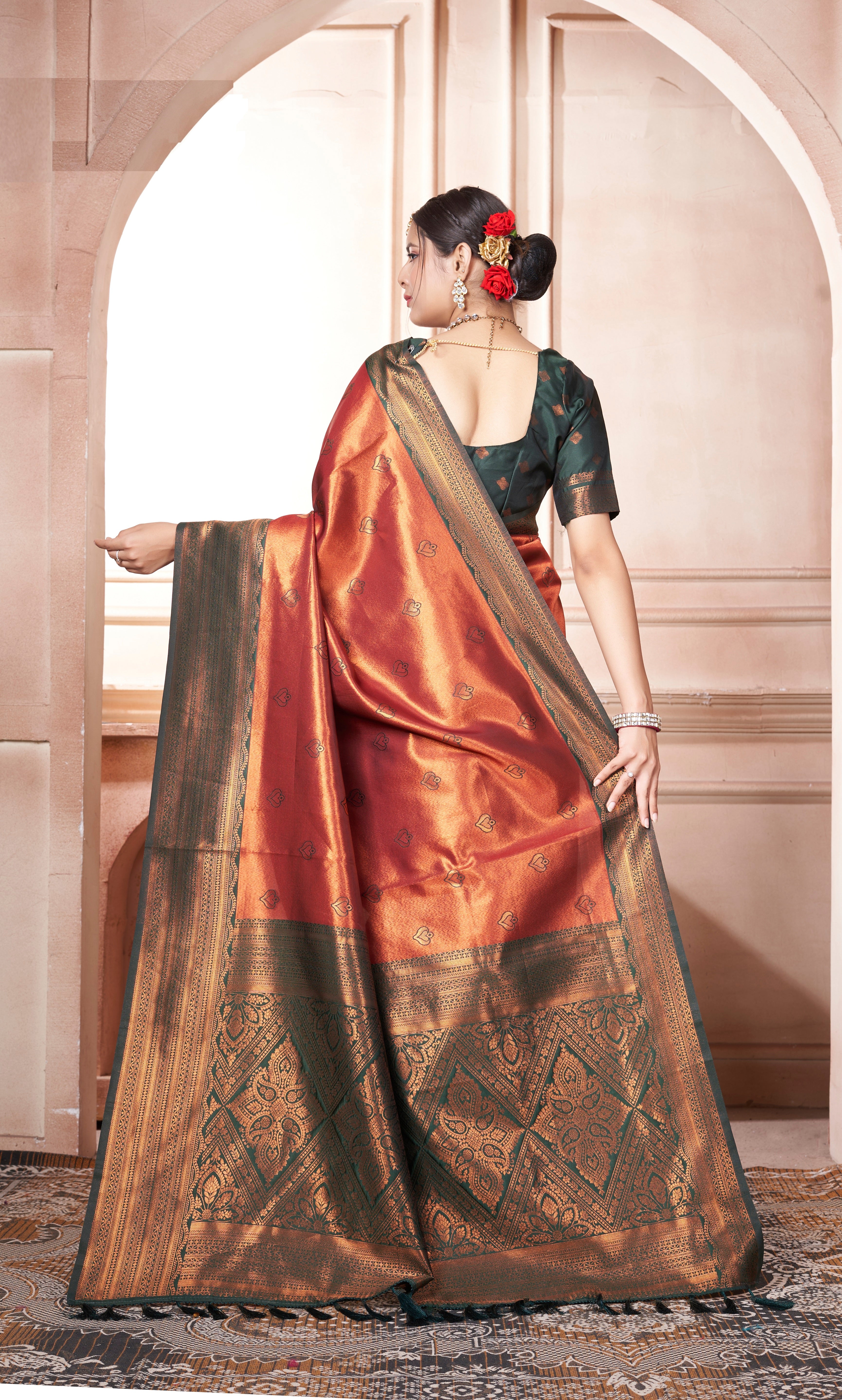 Vsaree Orange Kanchipuram Silk Saree With Designer Zari Weaving Border And Blouse