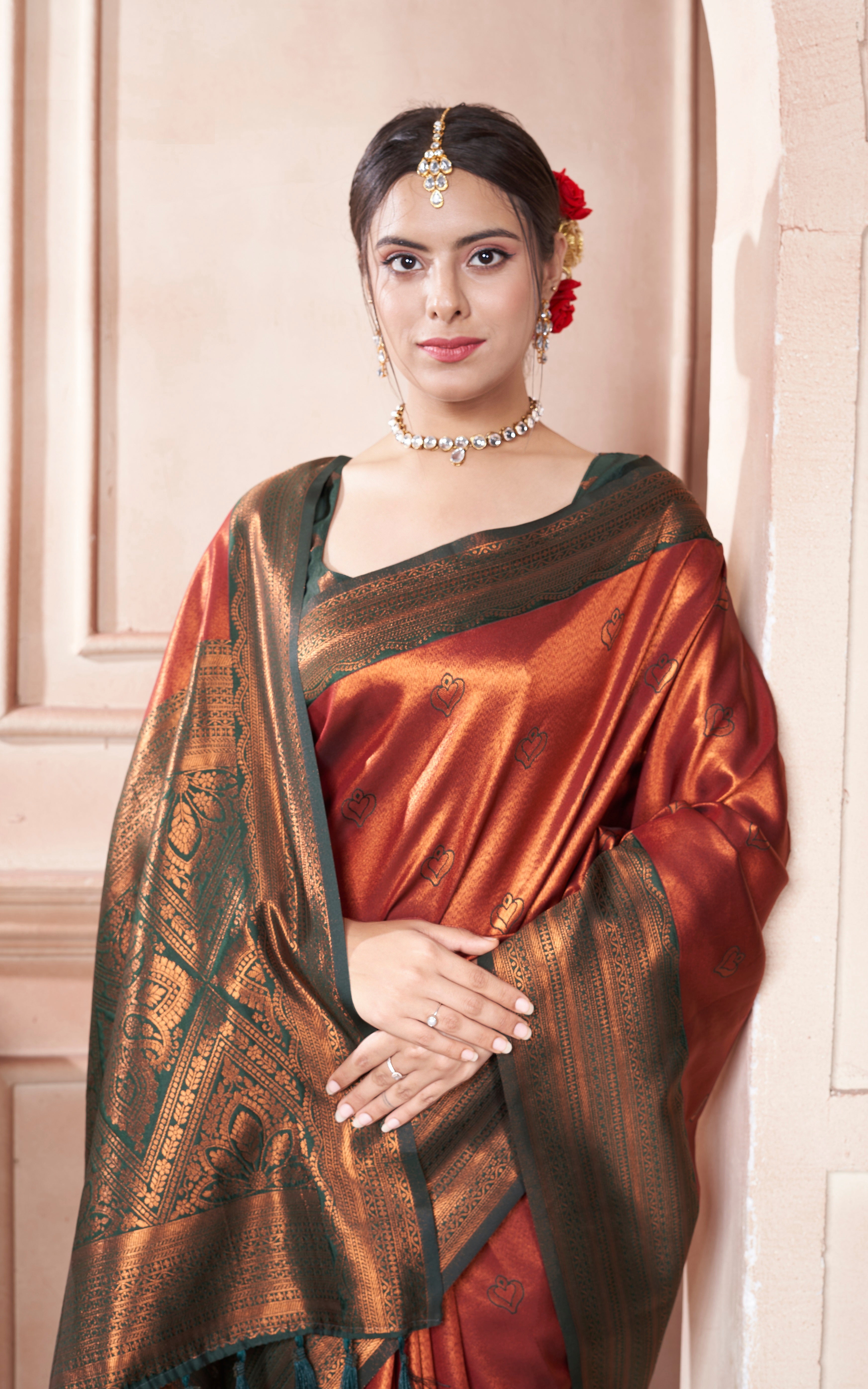 Vsaree Orange Kanchipuram Silk Saree With Designer Zari Weaving Border And Blouse