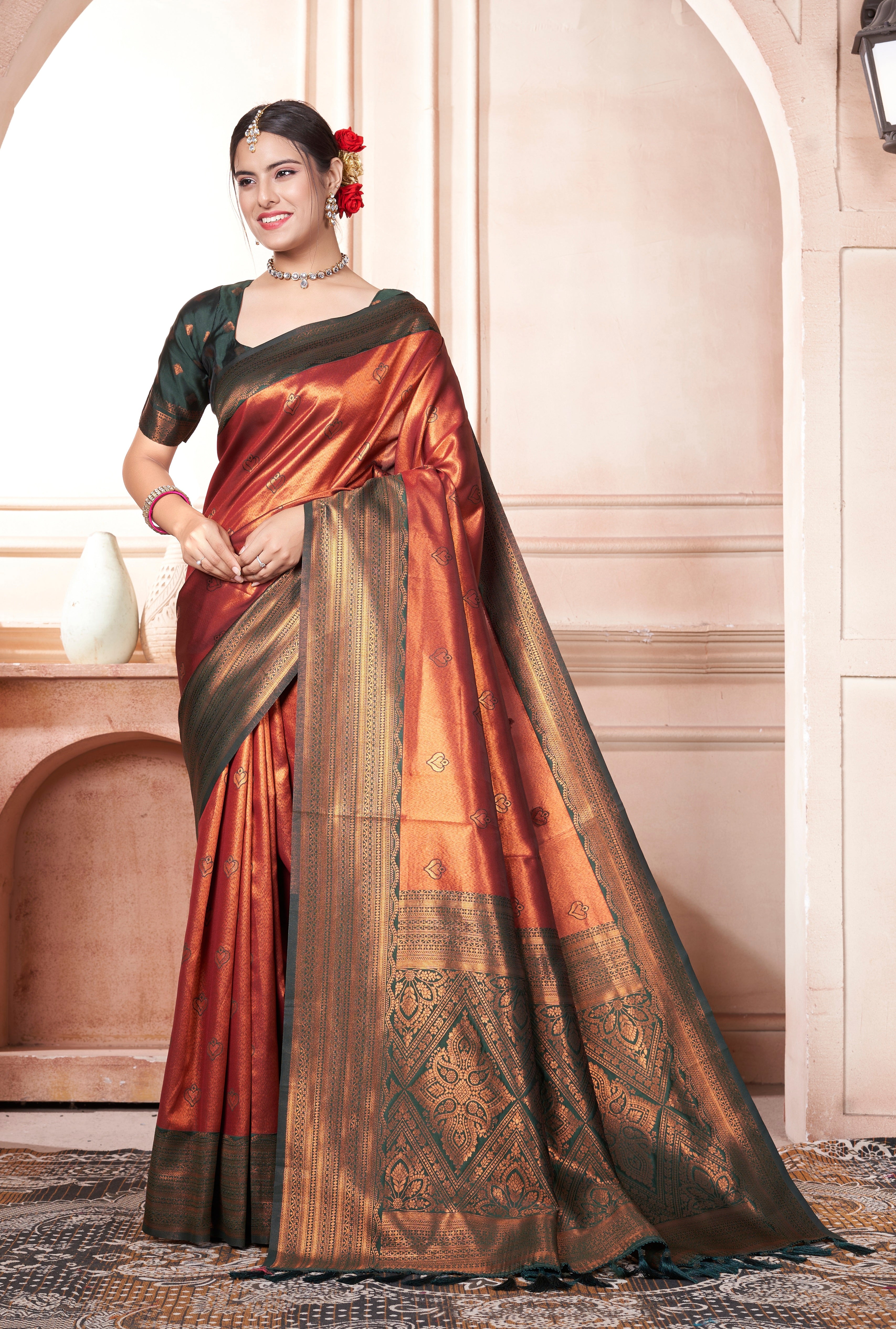 Vsaree Orange Kanchipuram Silk Saree With Designer Zari Weaving Border And Blouse