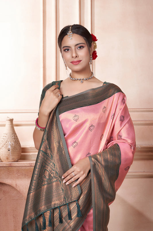 Vsaree Pink Kanchipuram Silk Saree With Designer Zari Weaving Border And Blouse