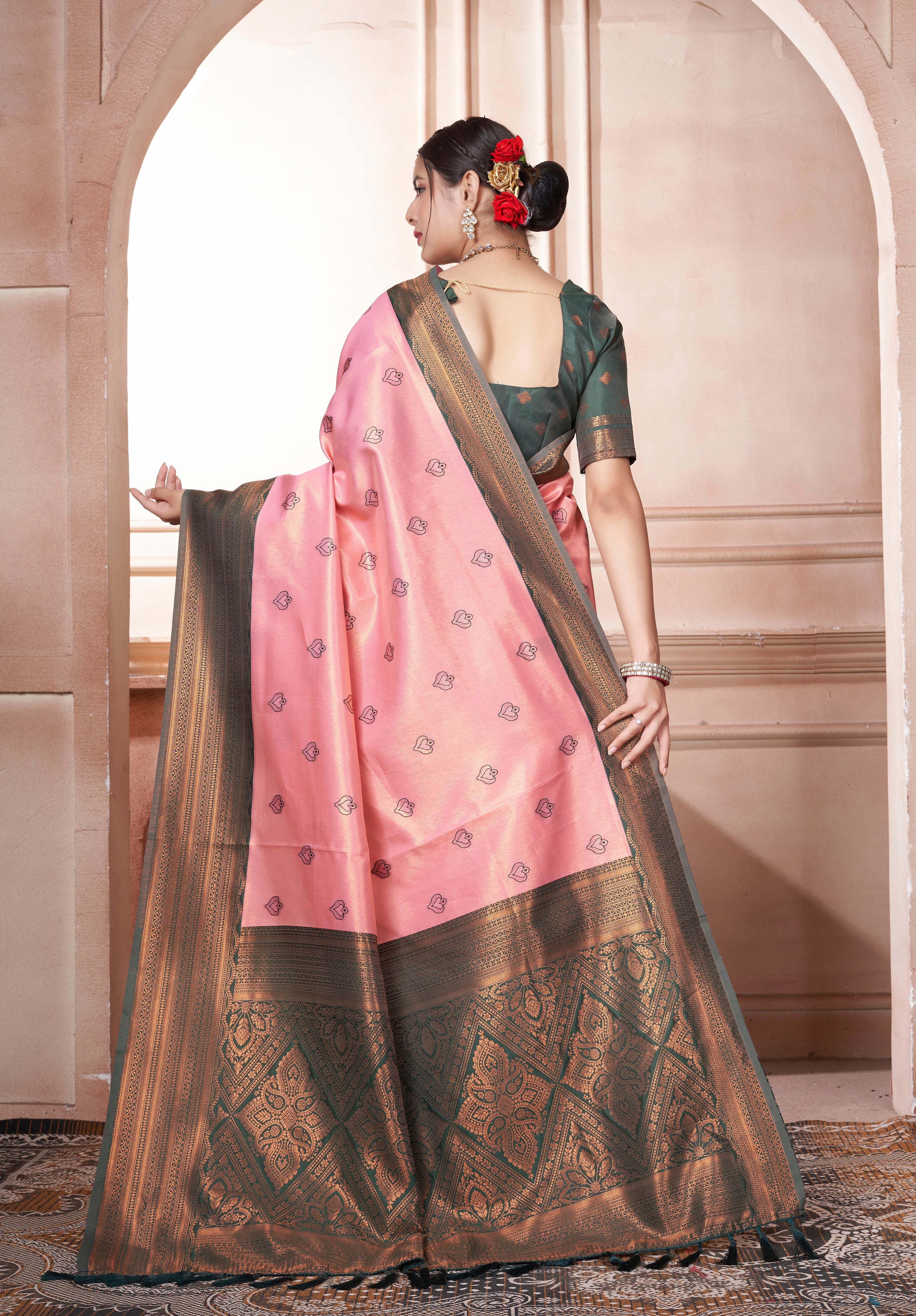 Vsaree Pink Kanchipuram Silk Saree With Designer Zari Weaving Border And Blouse