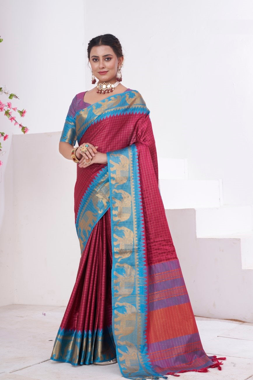 Vsaree Maroon Kanjivaram Silk Saree With Designer Zari Weaving Border And Blouse