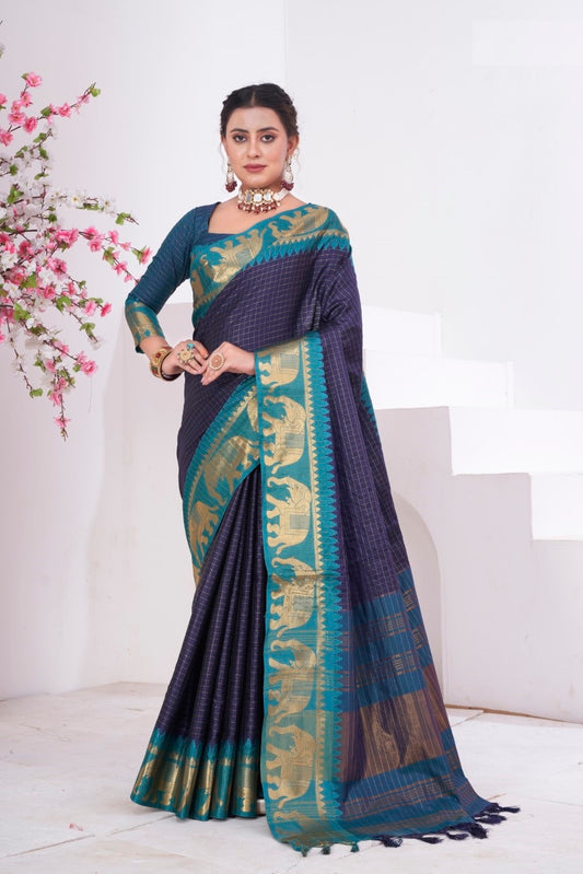 Vsaree Navy Blue Kanjivaram Silk Saree With Designer Zari Weaving Border And Blouse