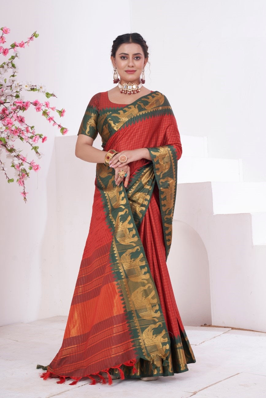 Vsaree Red Kanjivaram Silk Saree With Designer Zari Weaving Border And Blouse