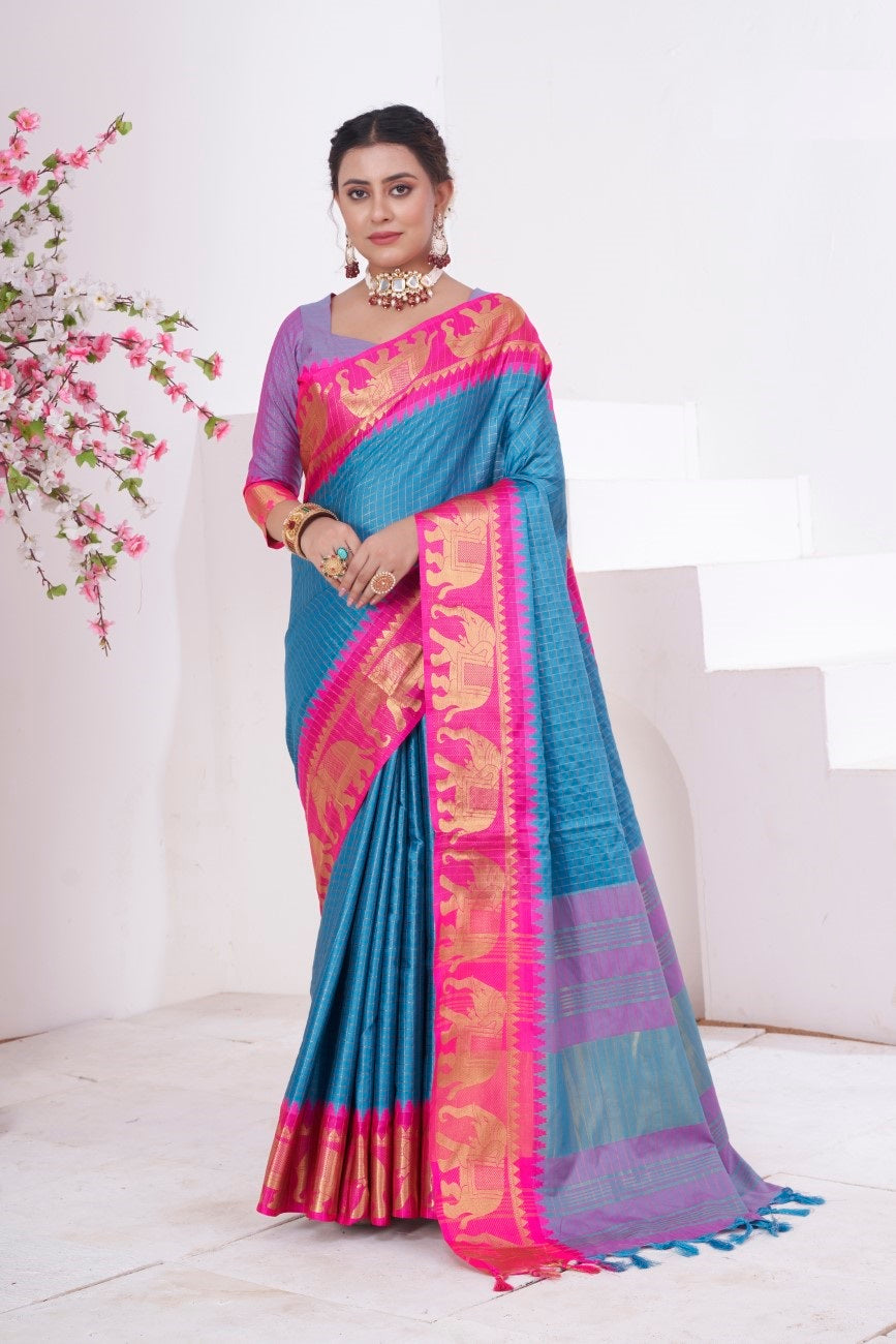 Vsaree Sky Blue Kanjivaram Silk Saree With Designer Zari Weaving Border And Blouse