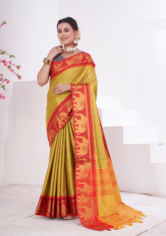 Vsaree Yellow Kanjivaram Silk Saree With Designer Zari Weaving Border And Blouse