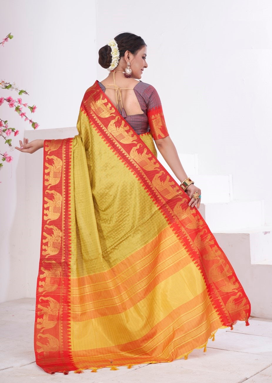 Vsaree Yellow Kanjivaram Silk Saree With Designer Zari Weaving Border And Blouse