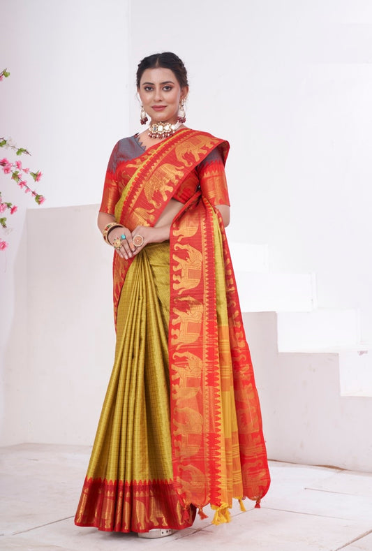 Vsaree Yellow Kanjivaram Silk Saree With Designer Zari Weaving Border And Blouse