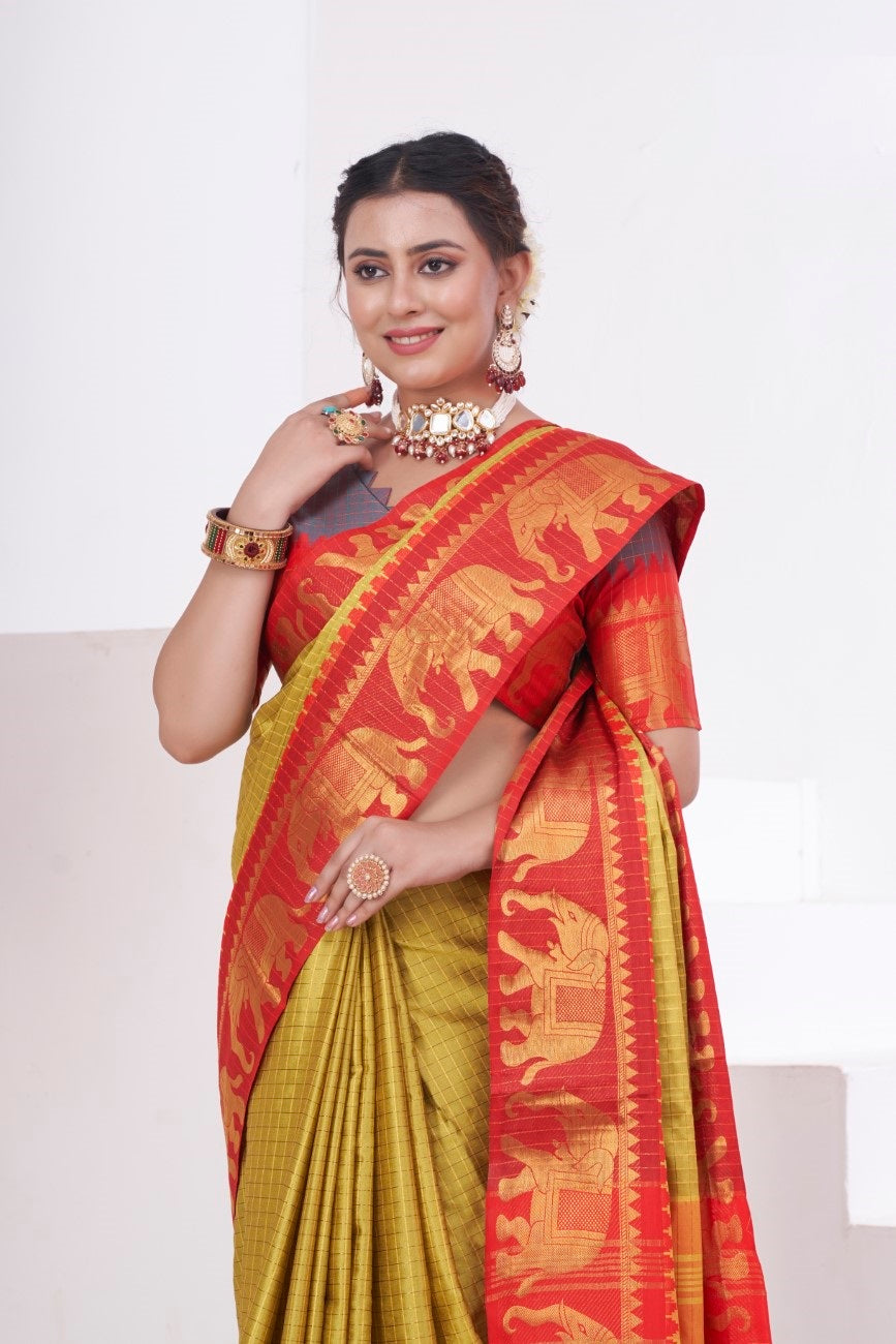 Vsaree Yellow Kanjivaram Silk Saree With Designer Zari Weaving Border And Blouse