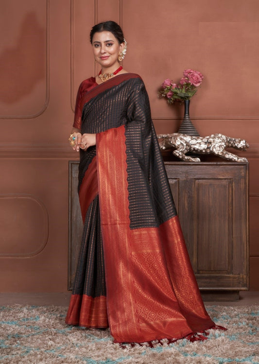 Vsaree Black Kanjivaram Silk Saree With Designer Zari Weaving Border And Blouse