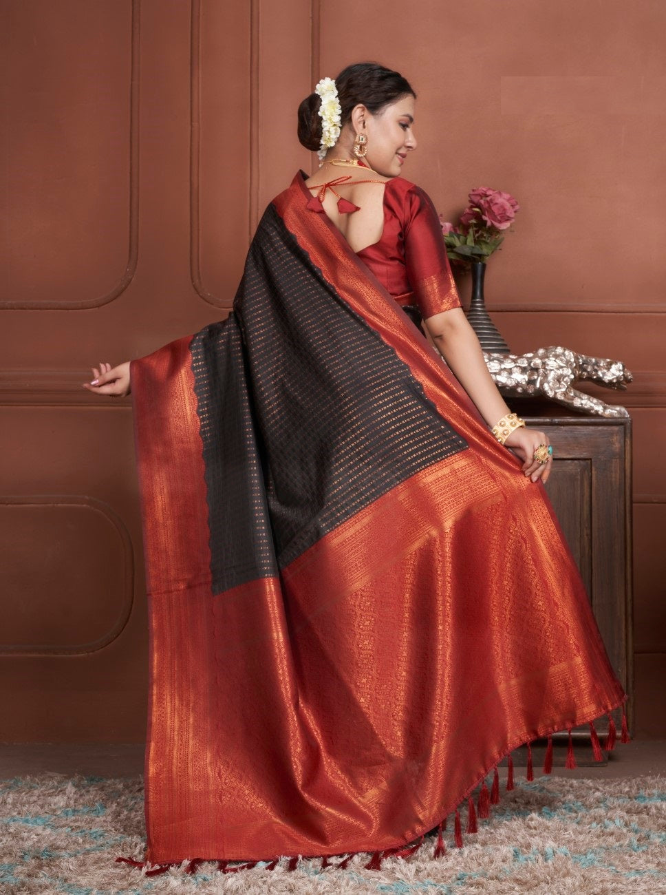 Vsaree Black Kanjivaram Silk Saree With Designer Zari Weaving Border And Blouse