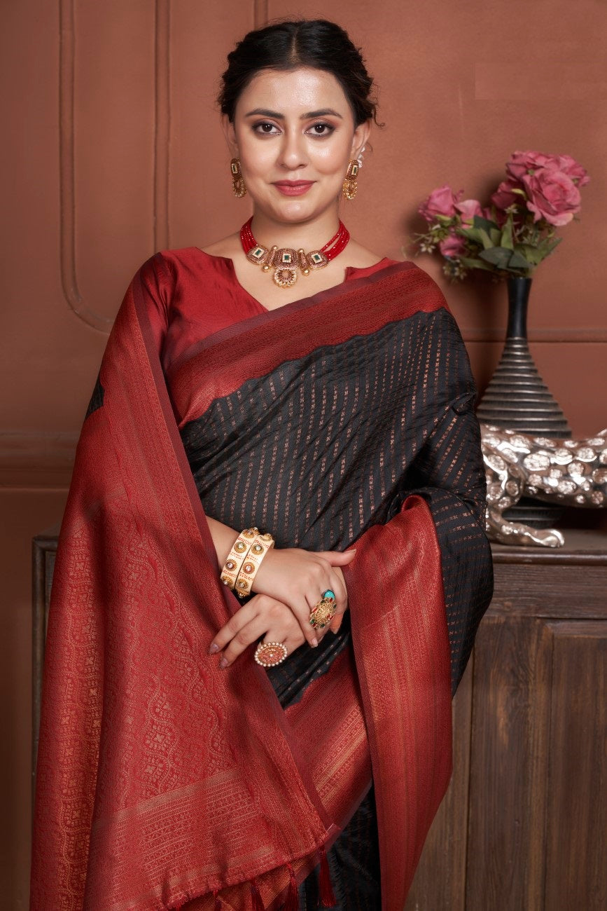 Vsaree Black Kanjivaram Silk Saree With Designer Zari Weaving Border And Blouse