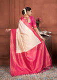 Vsaree Cream Kanjivaram Silk Saree With Designer Zari Weaving Border And Blouse