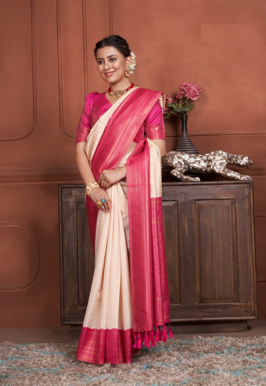 Vsaree Cream Kanjivaram Silk Saree With Designer Zari Weaving Border And Blouse