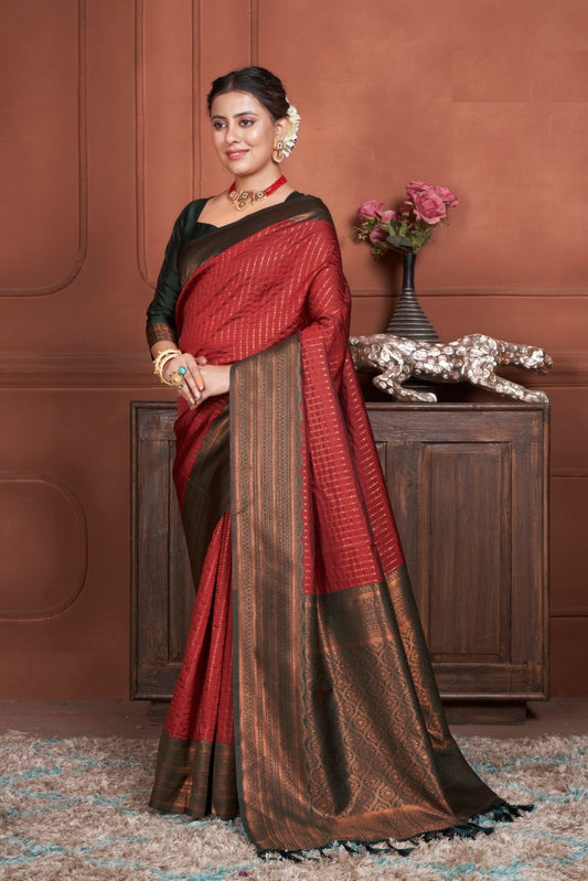 Vsaree Dark Green Kanjivaram Silk Saree With Designer Zari Weaving Border And Blouse