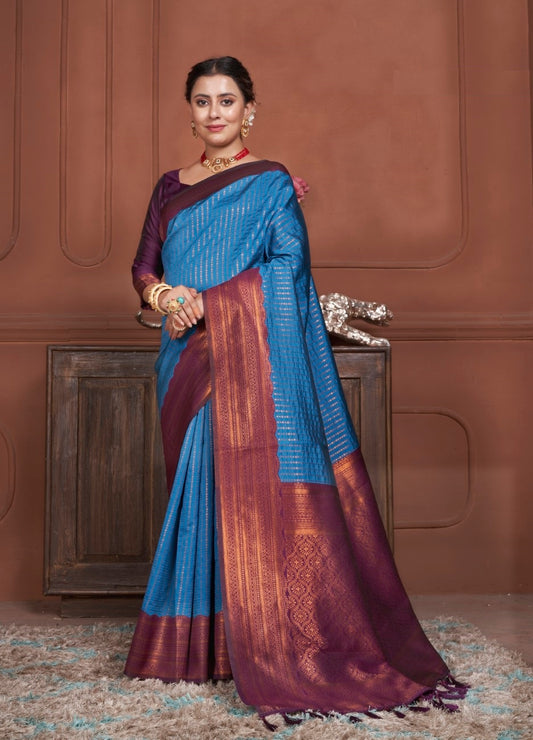 Vsaree Indigo Kanjivaram Silk Saree With Designer Zari Weaving Border And Blouse