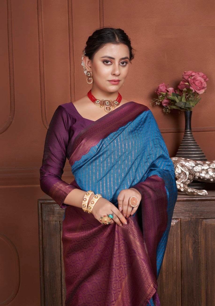 Vsaree Indigo Kanjivaram Silk Saree With Designer Zari Weaving Border And Blouse