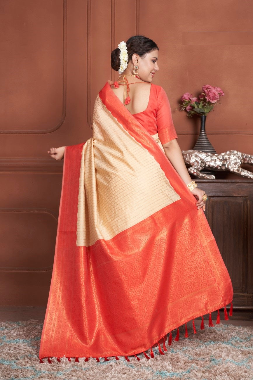 Vsaree Light Orange Kanjivaram Silk Saree With Designer Zari Weaving Border And Blouse