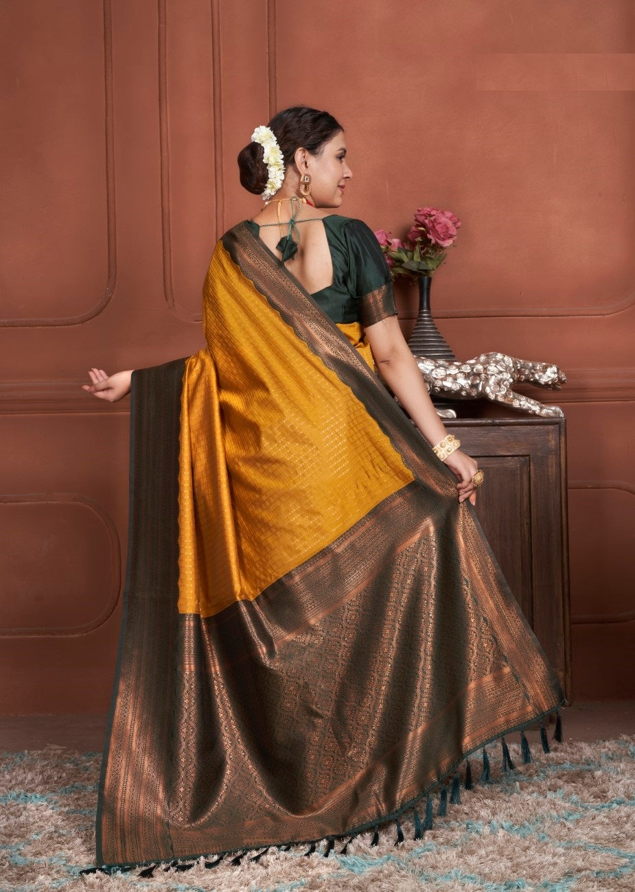 Vsaree Mustard Kanjivaram Silk Saree With Designer Zari Weaving Border And Blouse