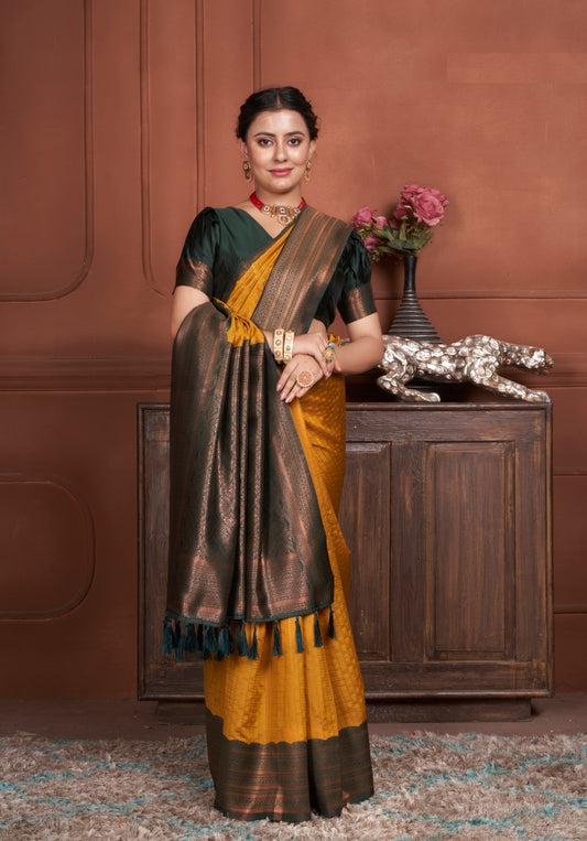 Vsaree Mustard Kanjivaram Silk Saree With Designer Zari Weaving Border And Blouse