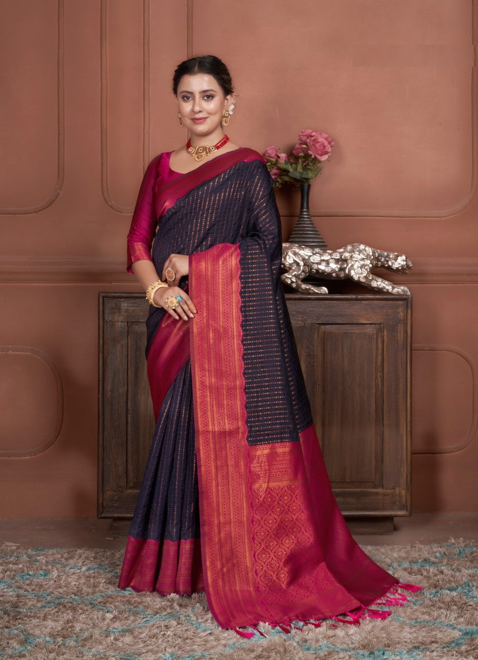 Vsaree Navy Blue Kanjivaram Silk Saree With Designer Zari Weaving Border And Blouse