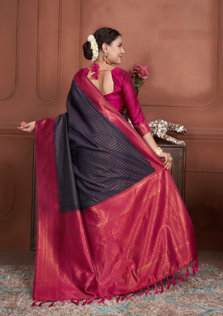 Vsaree Navy Blue Kanjivaram Silk Saree With Designer Zari Weaving Border And Blouse