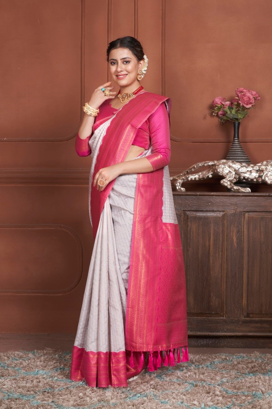 Vsaree Off White Kanjivaram Silk Saree With Designer Zari Weaving Border And Blouse