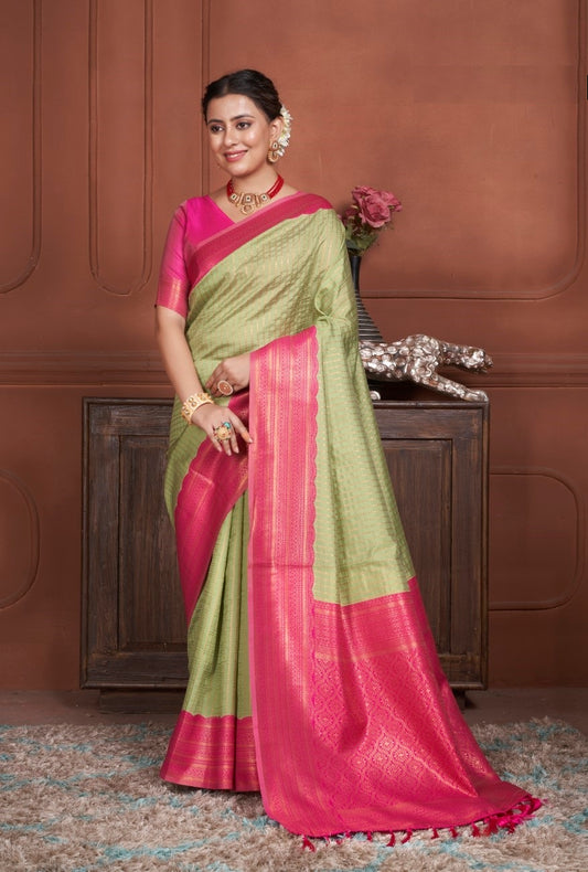 Vsaree Parrot Green Kanjivaram Silk Saree With Designer Zari Weaving Border And Blouse