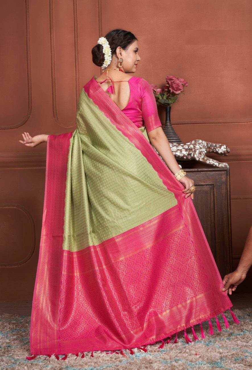 Vsaree Parrot Green Kanjivaram Silk Saree With Designer Zari Weaving Border And Blouse