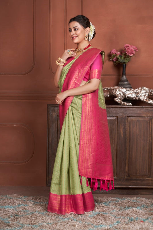 Vsaree Parrot Green Kanjivaram Silk Saree With Designer Zari Weaving Border And Blouse