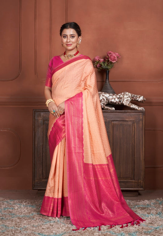 Vsaree Peach Kanjivaram Silk Saree With Designer Zari Weaving Border And Blouse