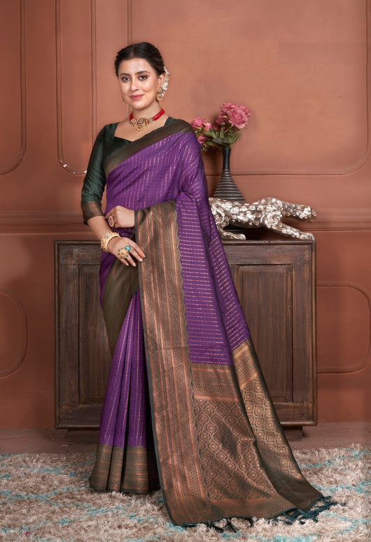 Vsaree Purple Kanjivaram Silk Saree With Designer Zari Weaving Border And Blouse