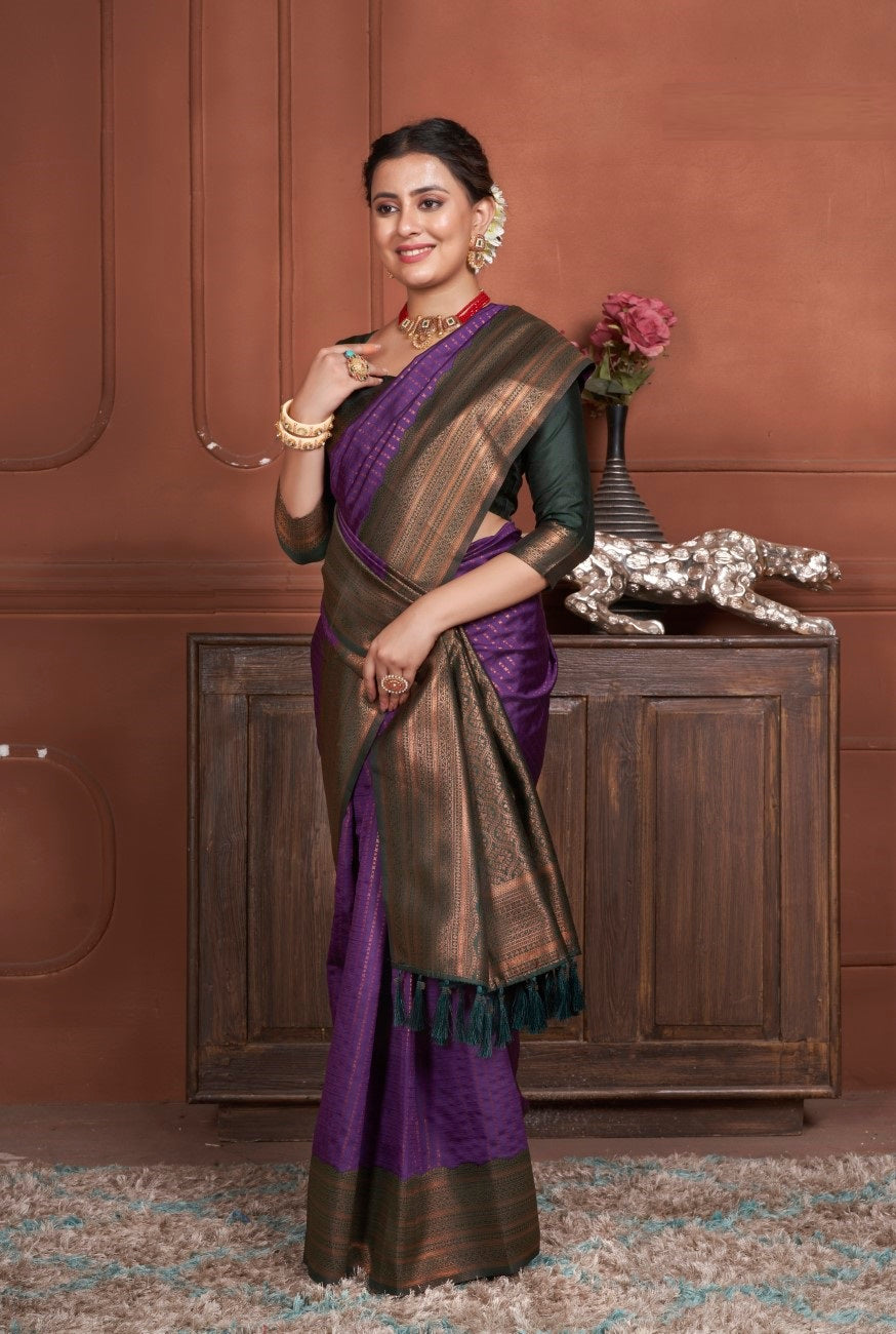 Vsaree Purple Kanjivaram Silk Saree With Designer Zari Weaving Border And Blouse