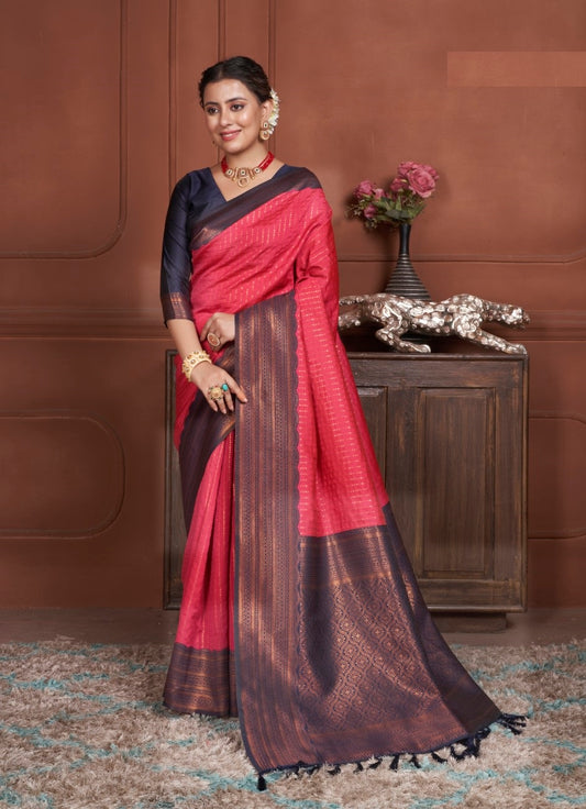 Vsaree Red Kanjivaram Silk Saree With Designer Zari Weaving Border And Blouse