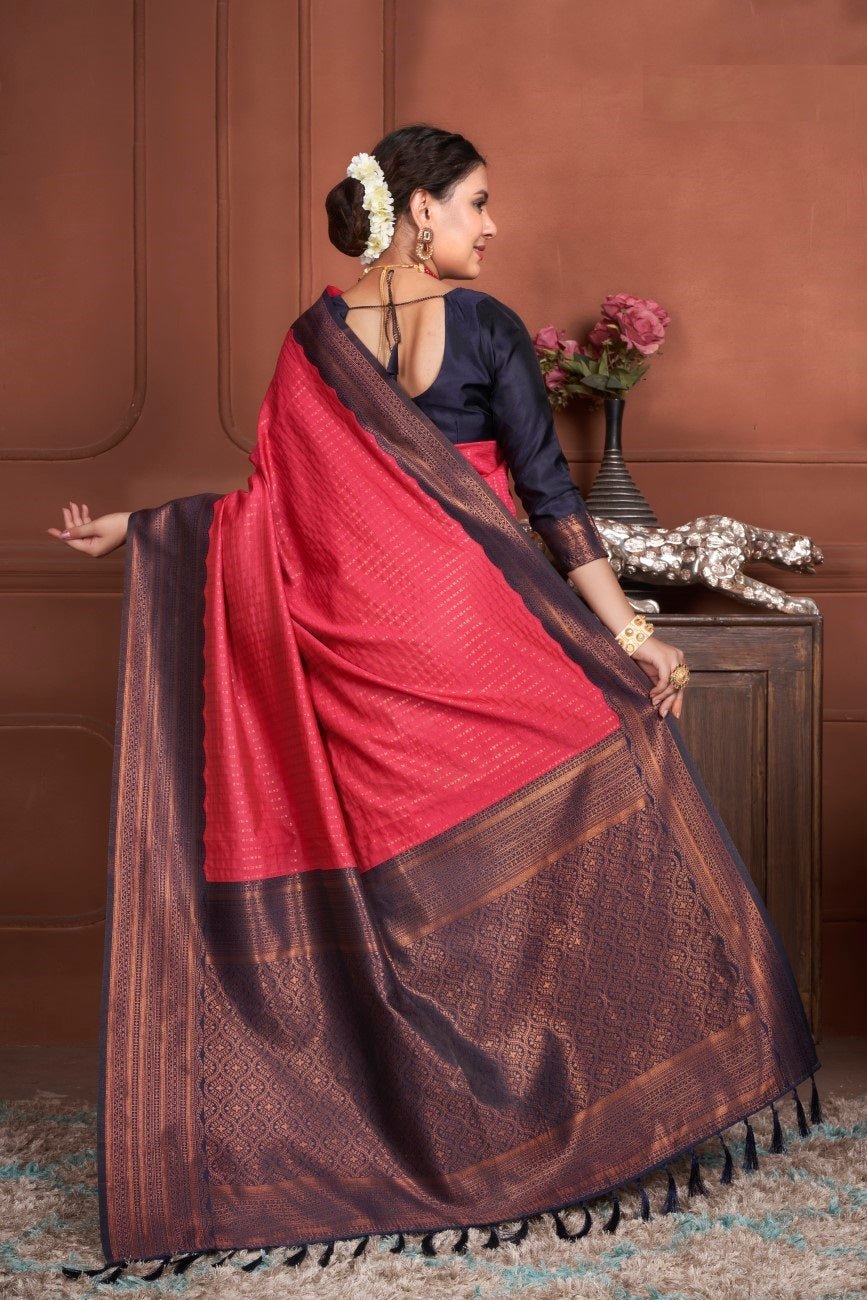 Vsaree Red Kanjivaram Silk Saree With Designer Zari Weaving Border And Blouse