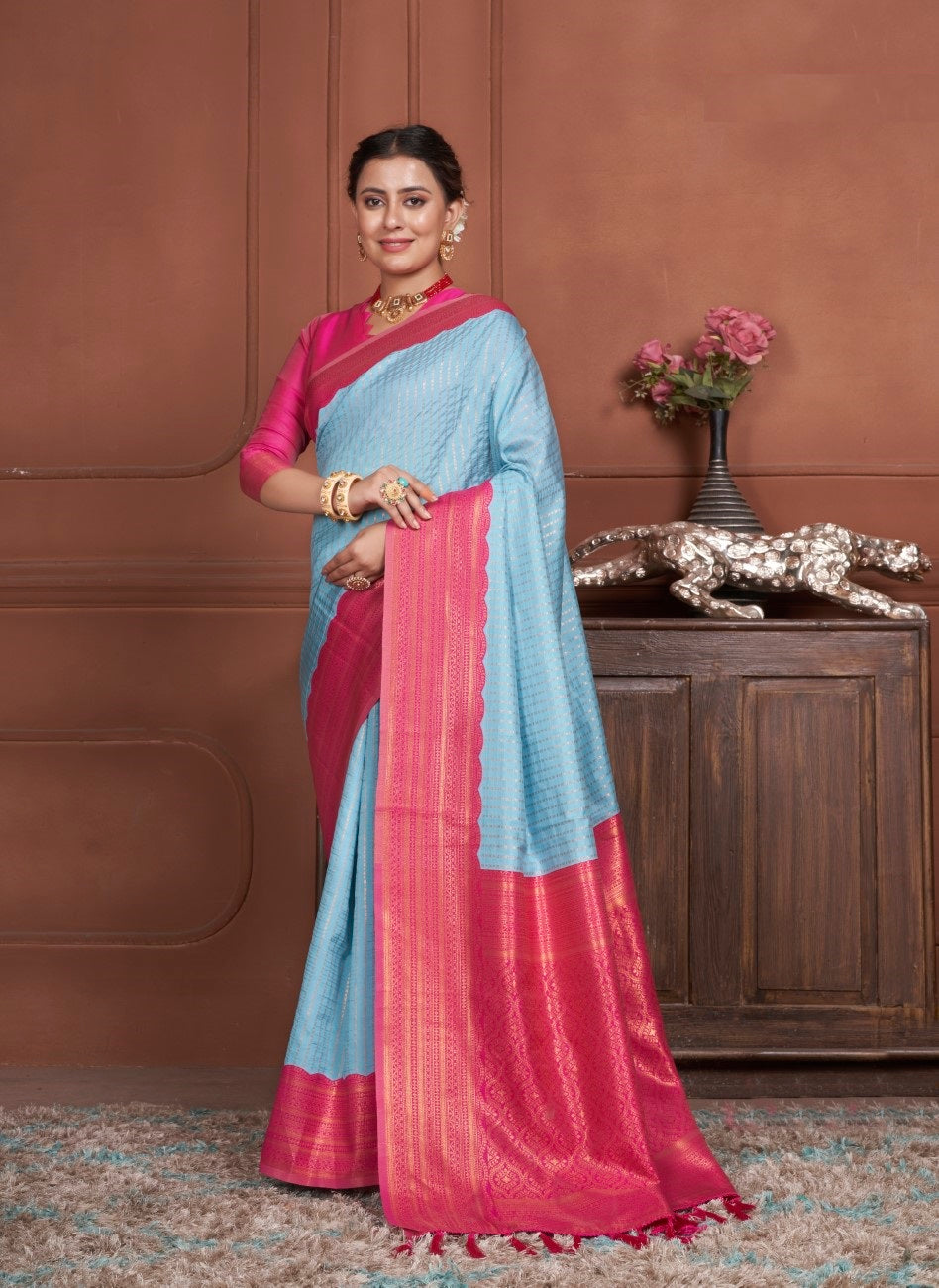 Vsaree Sky Blue Kanjivaram Silk Saree With Designer Zari Weaving Border And Blouse